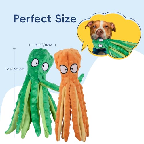 2 Pack Squeaky Octopus Plush Dog Toys No Stuffing Crinkle Pet Toys (Green + Orange) P590633