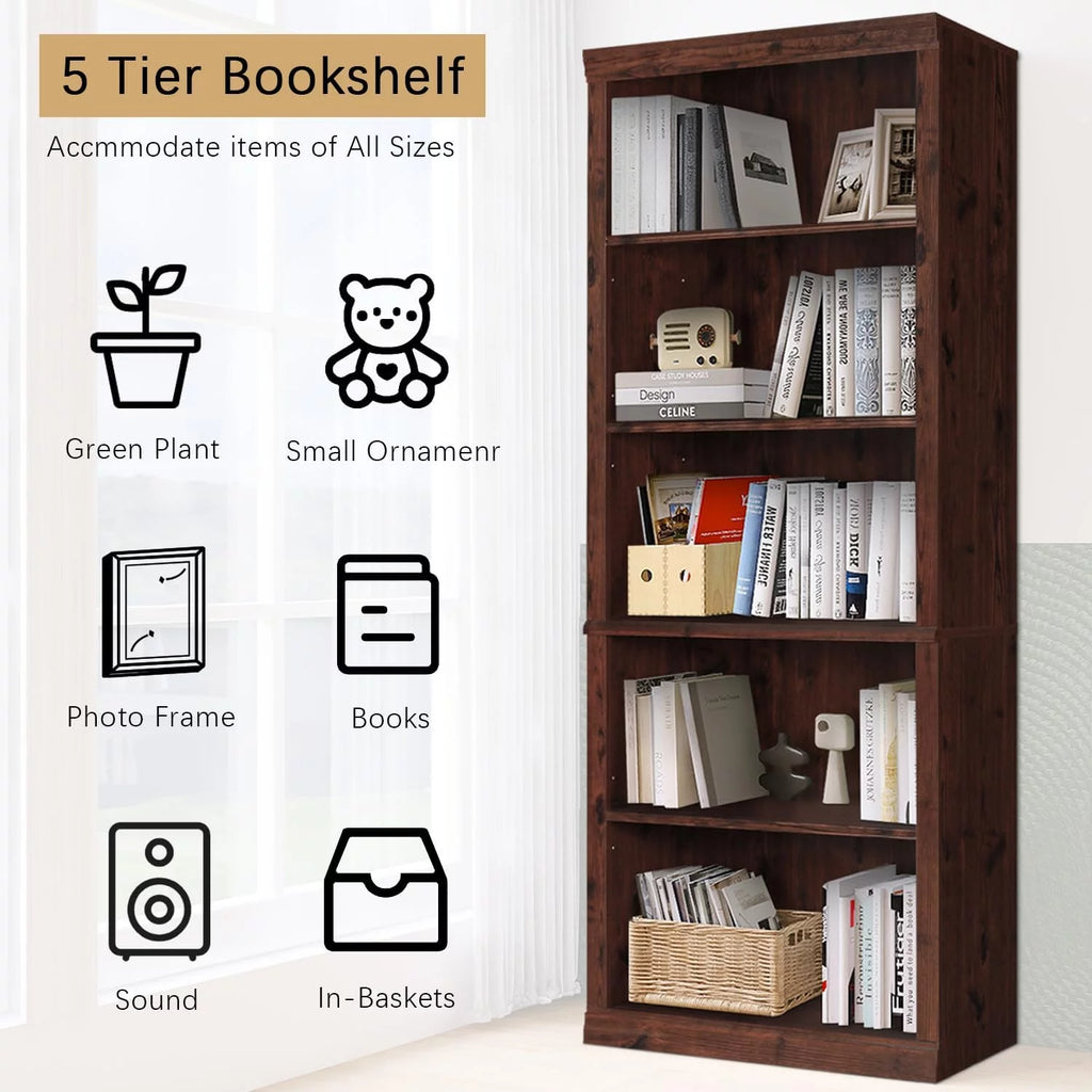 Wooden 5-Shelf Bookcase with Adjustable Shelves F6804