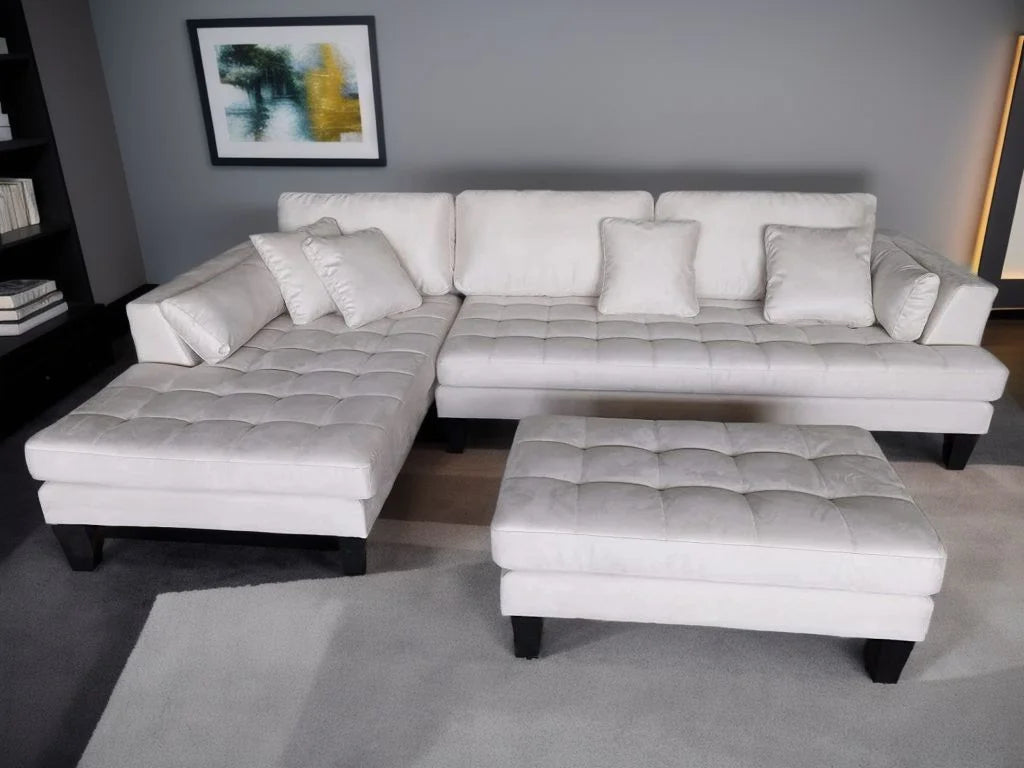 3pc Cream Microfiber Sectional Sofa Chaise Ottoman W1823