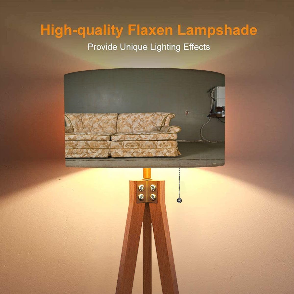 Wood Tripod Floor Lamp Linen Lampshade Dimmable Tall Lamp J721535