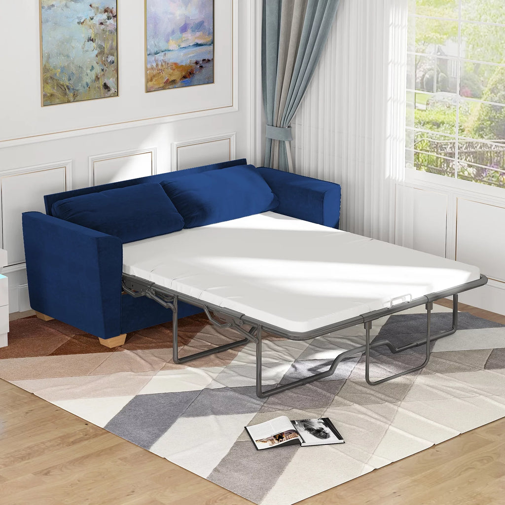 Blue Velvet Pull Out Sofa Bed with Foam Mattress W34503