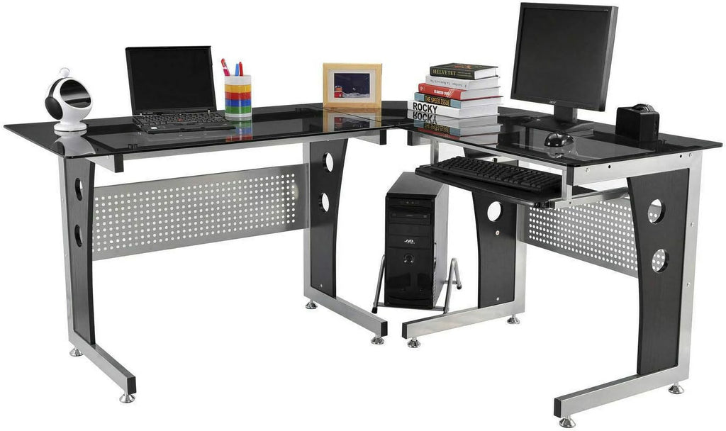 Black L-Shape Corner Tempered Glass Top Computer Desk with Keyboard Tray W377