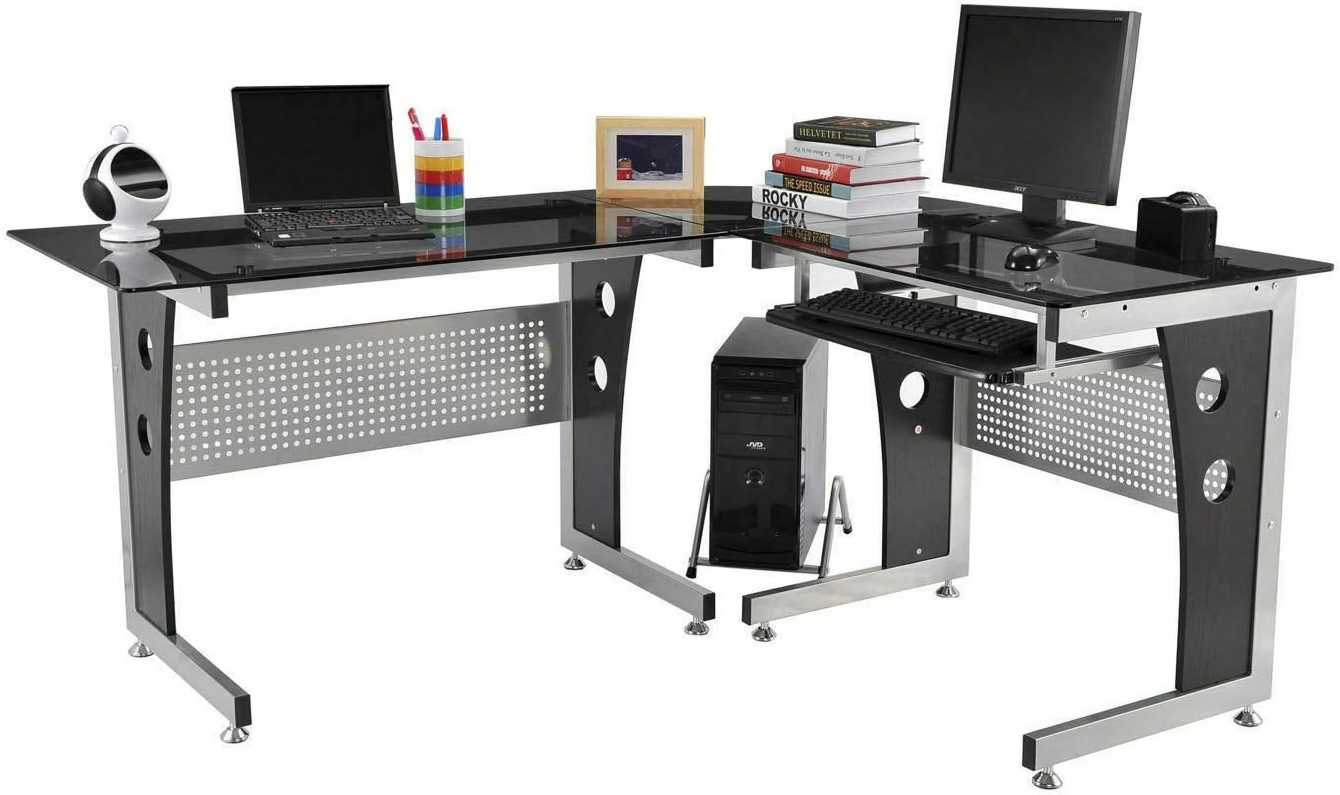 Black L-Shape Corner Tempered Glass Top Computer Desk with Keyboard Tray W377