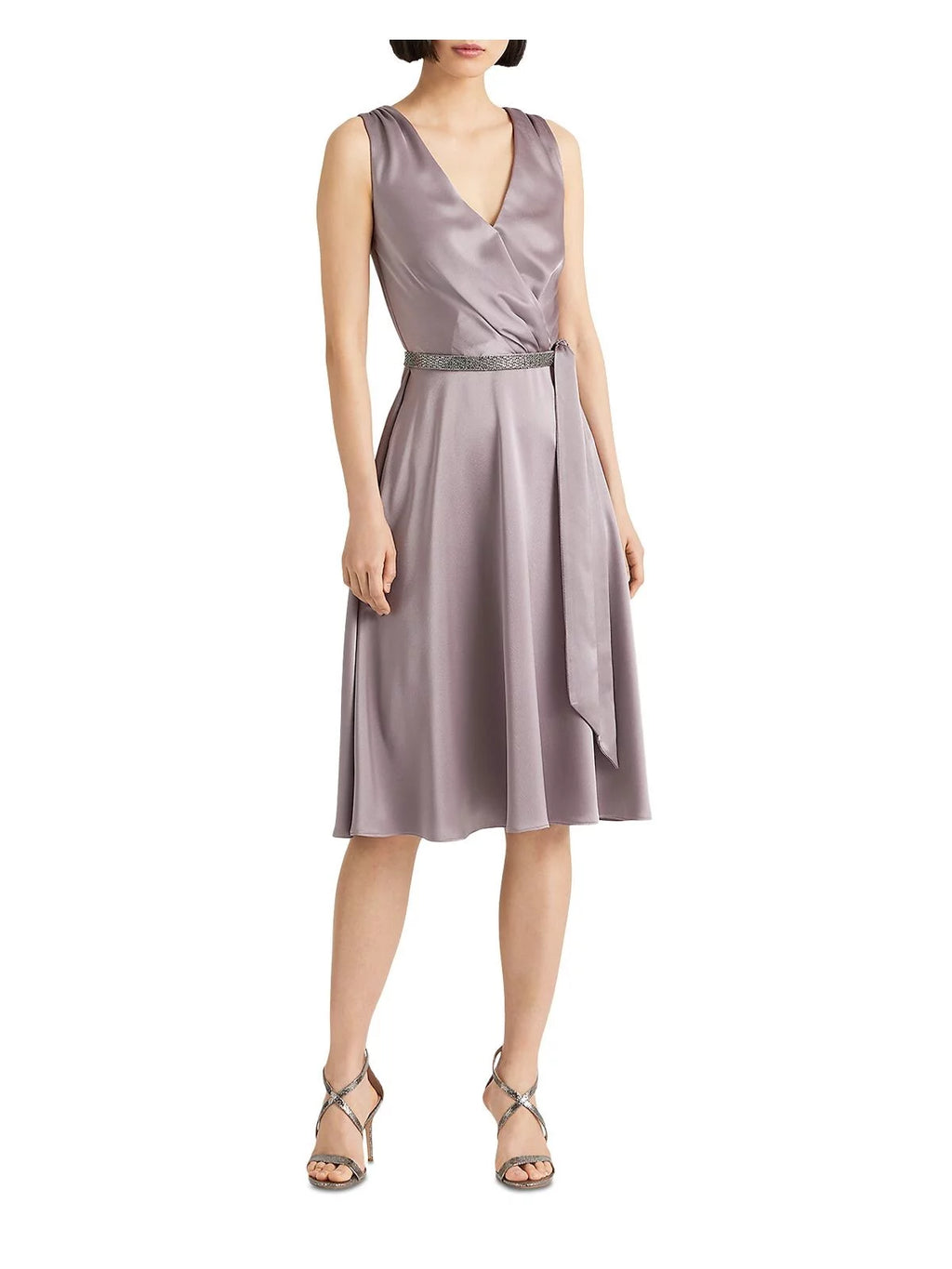 Purple Zippered Pleated Crystal-embellished Tie Belt Sleeveless Surplice Neckline Below The Knee Cocktail Fit + Flare Dress N55633