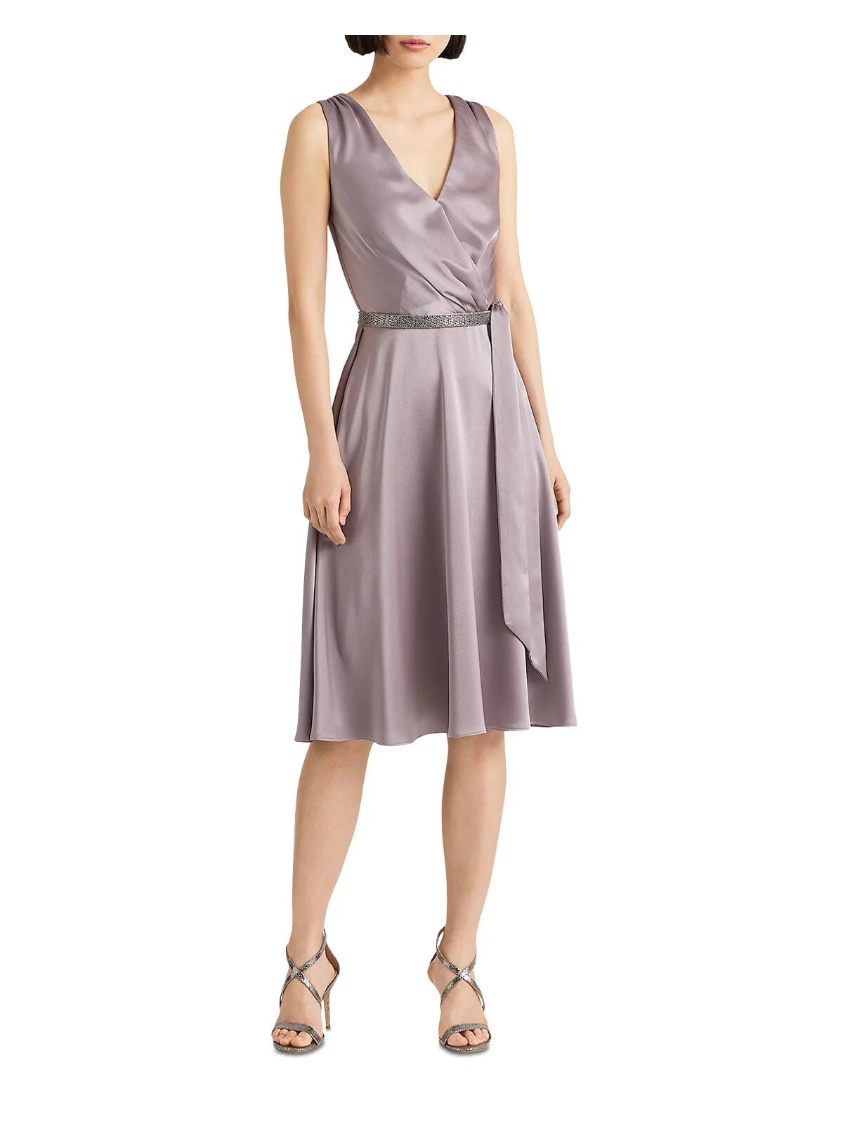 Purple Zippered Pleated Crystal-embellished Tie Belt Sleeveless Surplice Neckline Below The Knee Cocktail Fit + Flare Dress N55633