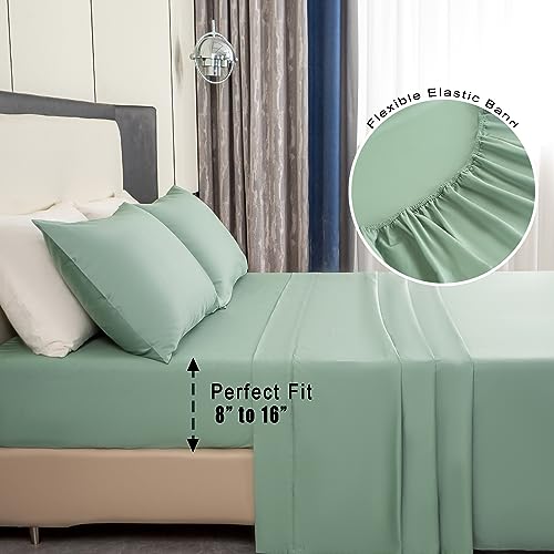 Queen Size 100% Cotton 600 Thread Count Sateen Bed Sheets 4 Pieces Set Sage Green W630597