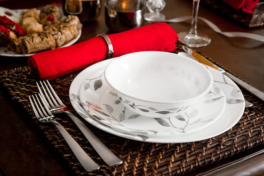 12-Piece Vitrelle Misty Leaves Chip and Break Resistant Dinner Set, Grey X54774