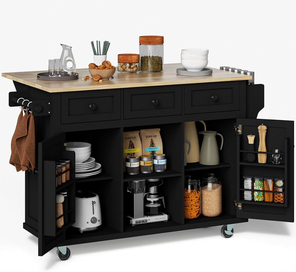 Black 53in Wood Rolling Kitchen Island with Drawer and Storage Cabinet B6290