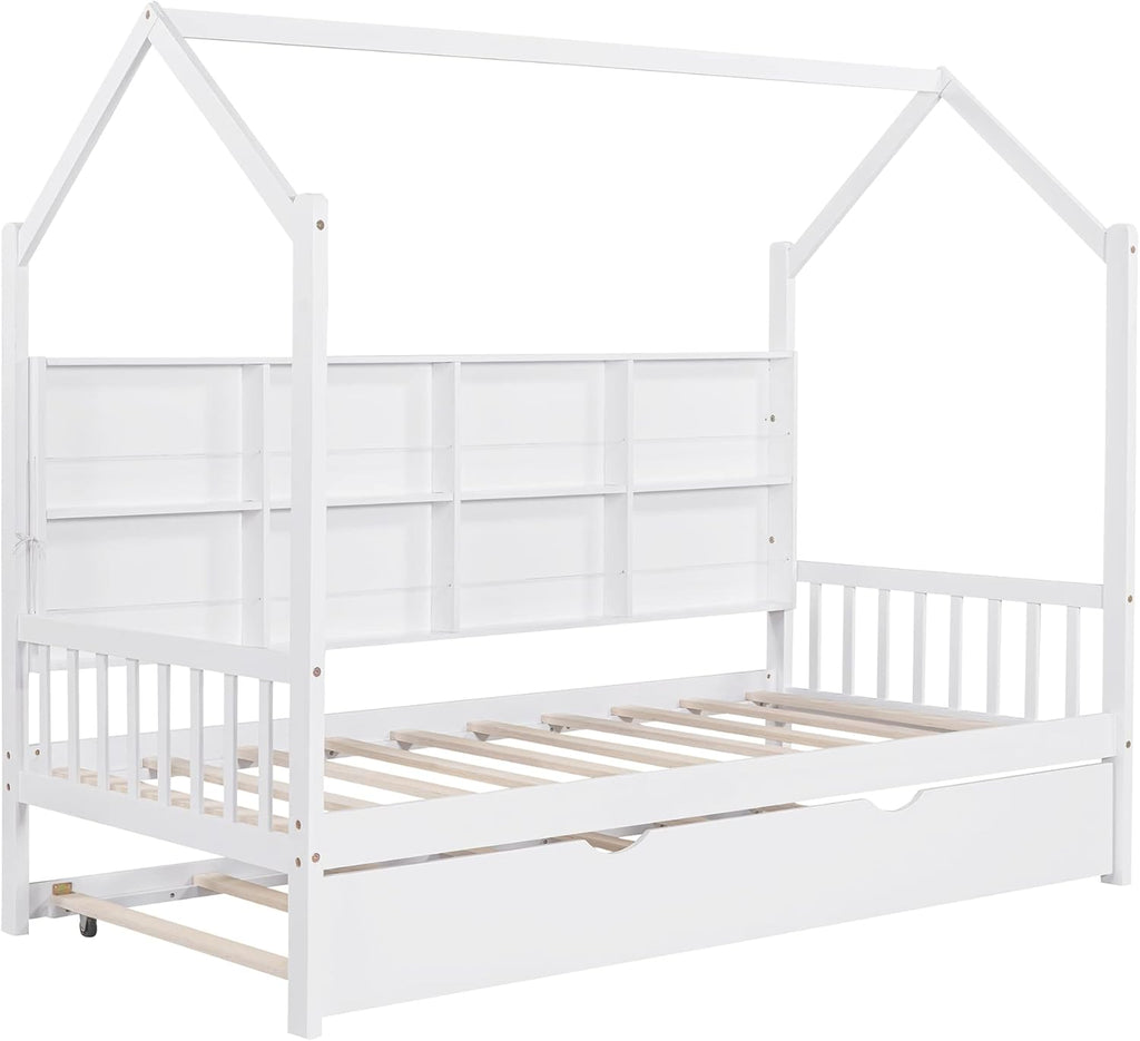 White Twin Size Wooden Platform Bed with Trundle and Storage Shelf E97842