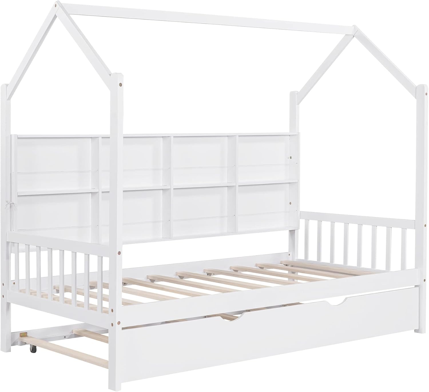 White Twin Size Wooden Platform Bed with Trundle and Storage Shelf E97842