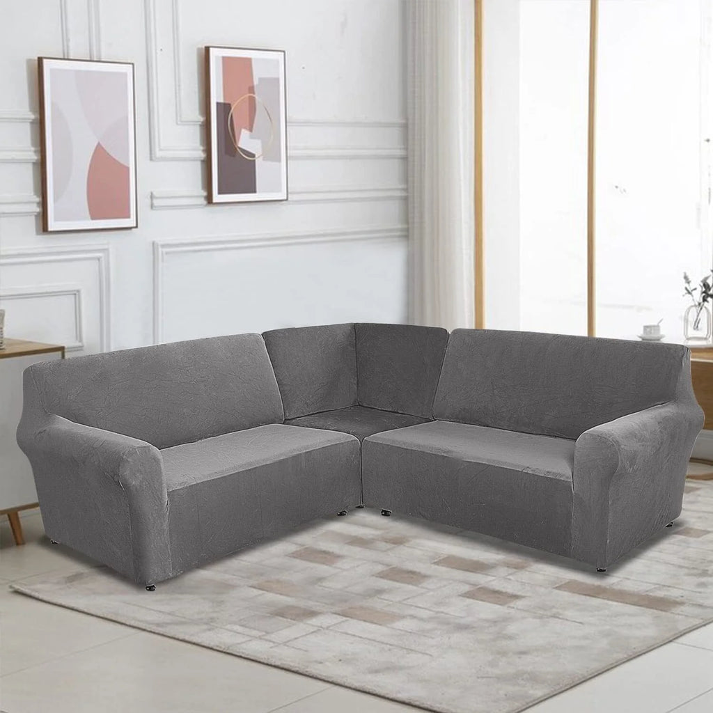 3-Piece L Shape Velvet Sectional Couch Cover, Grey B952