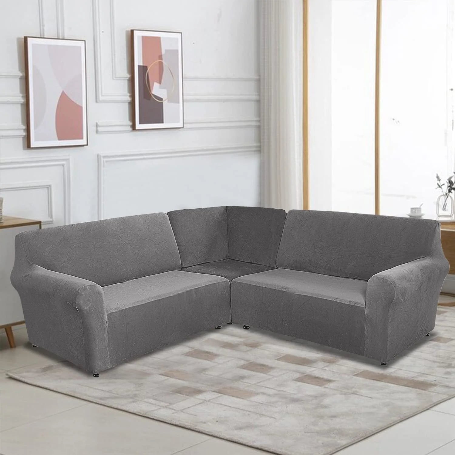 3-Piece L Shape Velvet Sectional Couch Cover, Grey B952