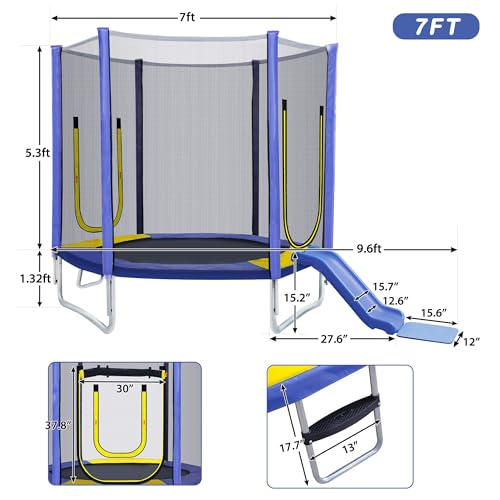 7FT Kids Trampoline with Safety Enclosure Net, Slide and Ladder K79526