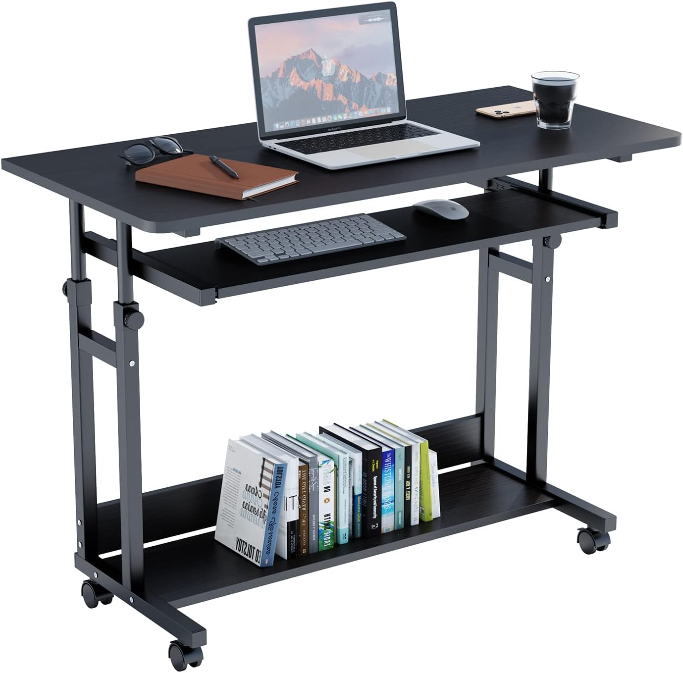 31.5" Adjustable Mobile Computer Desk with Locking Wheels Keyboard Tray, Black O2497