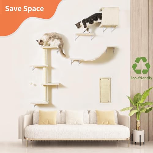5pcs Wooden Cat Wall Shelves with House, Bridge, Tree, Steps, and Scratcher (Black) K987