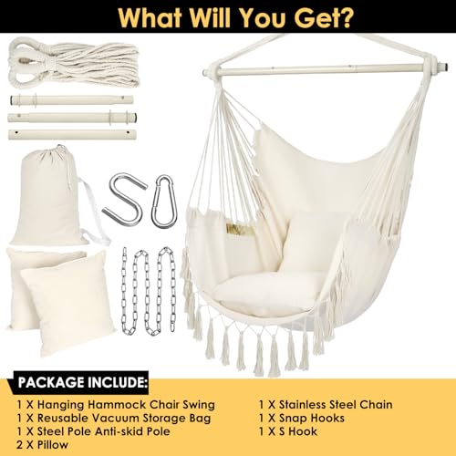 Large Macrame Hanging Hammock Chair with 2 Cushions, Max 500 Lbs V4661