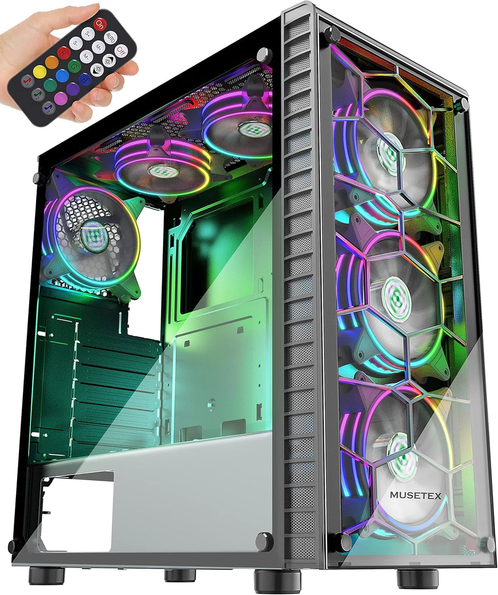 ATX Mid-Tower Computer Case with 6 Pcs ARGB Fans, USB 3.0, Tempered Glass Panels, Black B31716