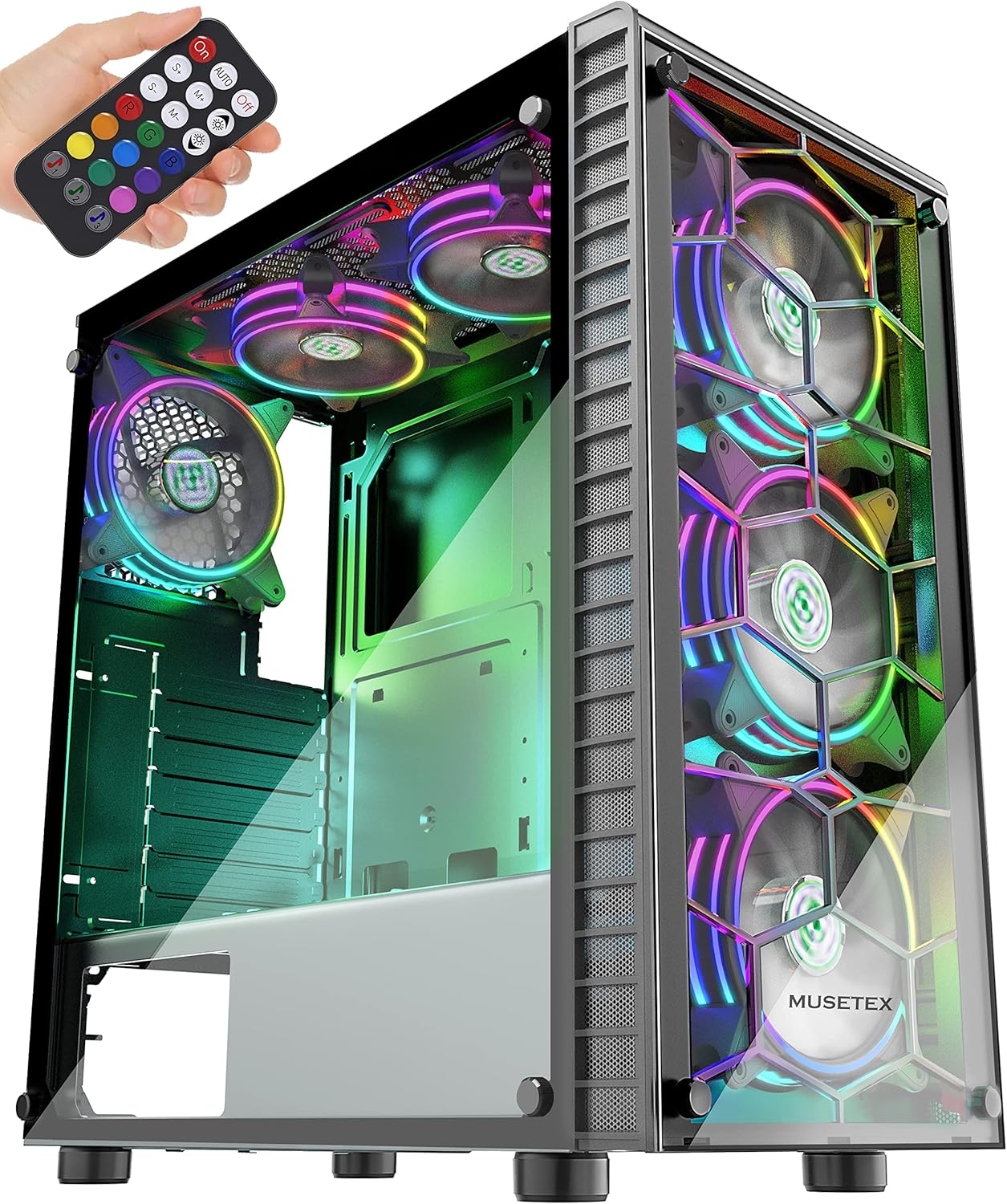 ATX Mid-Tower Computer Case with 6 Pcs ARGB Fans, USB 3.0, Tempered Glass Panels, Black B31716