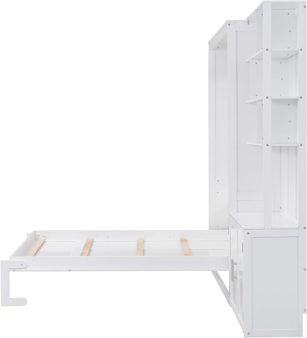 White Full Size Murphy Bed with Storage Cabinet and Shelves X74721