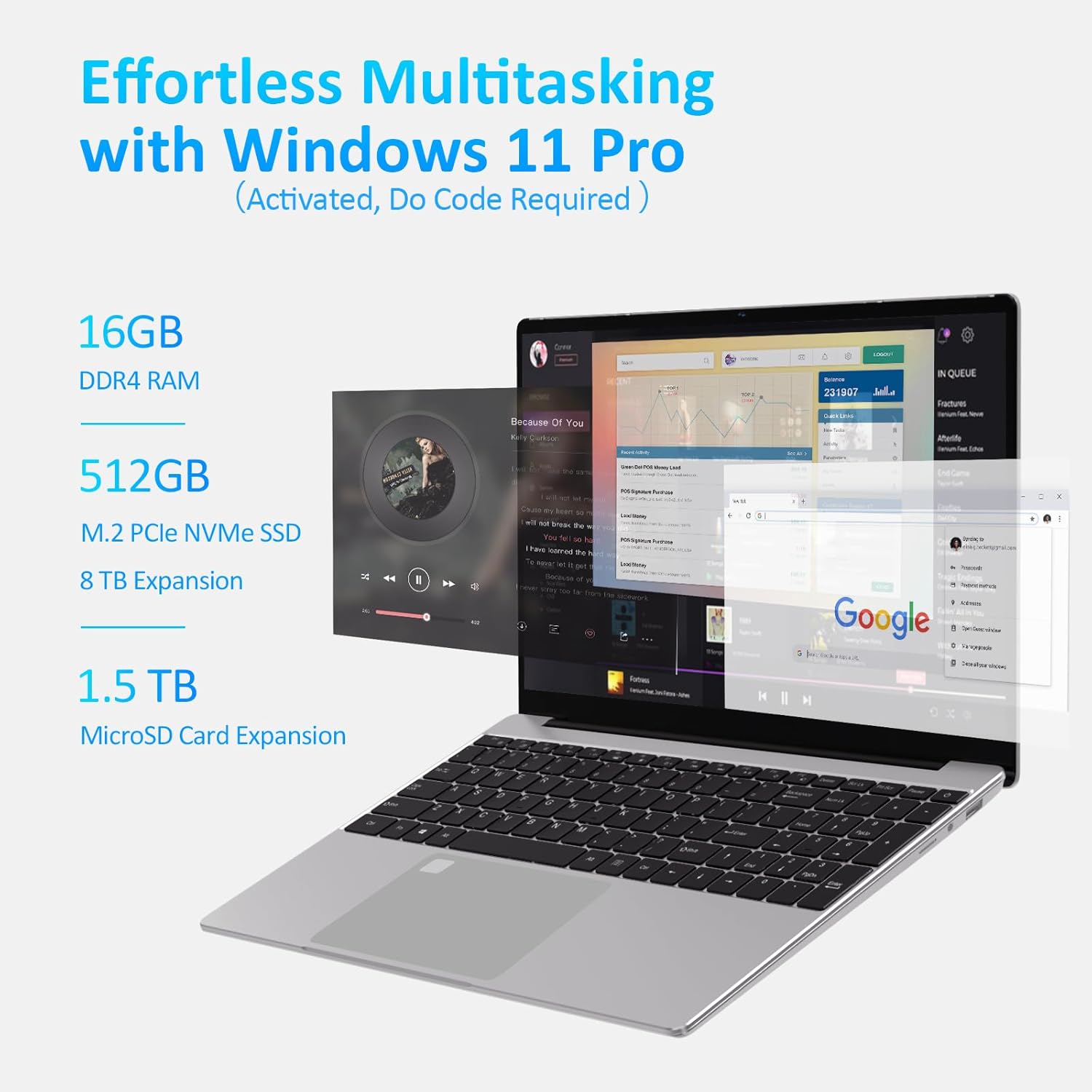 16GB DDR4 RAM 512GB M.2 PCIe NVMe SSD 15.6" FHD IPS LCD Laptop I672793