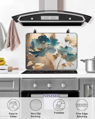 Teal Floral Blossom Gold Foil Leaves Induction Cooktop Protector Mat 24x21IN C544