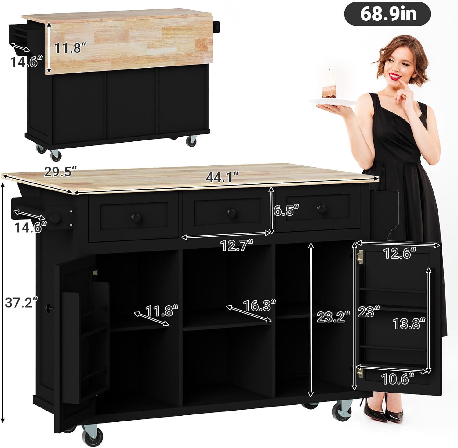 Black 53in Wood Rolling Kitchen Island with Drawer and Storage Cabinet B6290