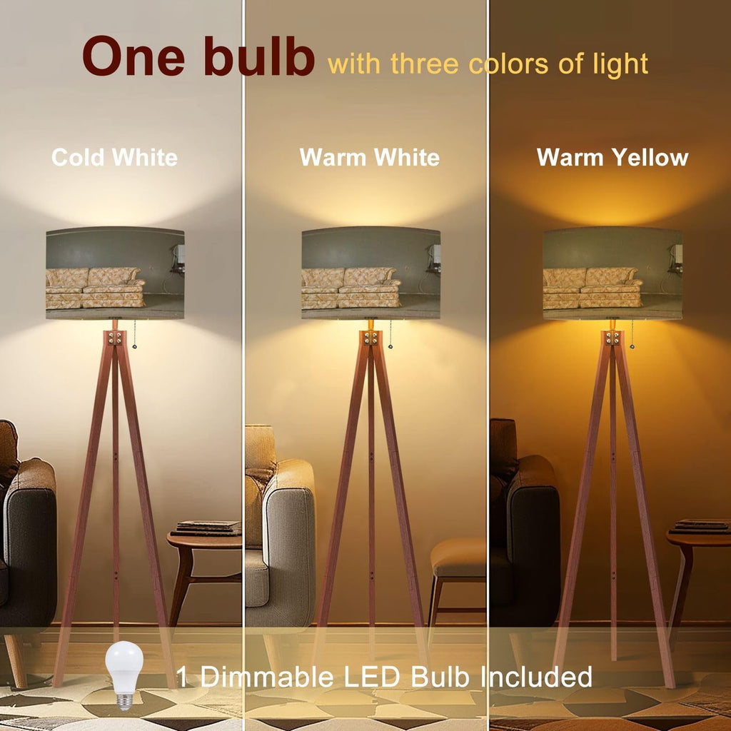 Wood Tripod Floor Lamp Linen Lampshade Dimmable Tall Lamp J721535