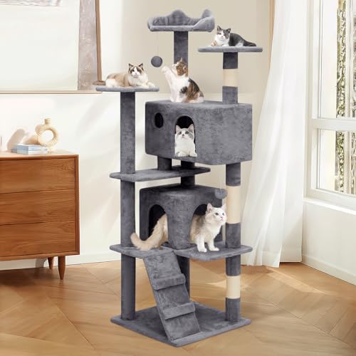 60 Inch Smoky Grey Cat Tree with 2 Cat Condo and Scratching Post S215