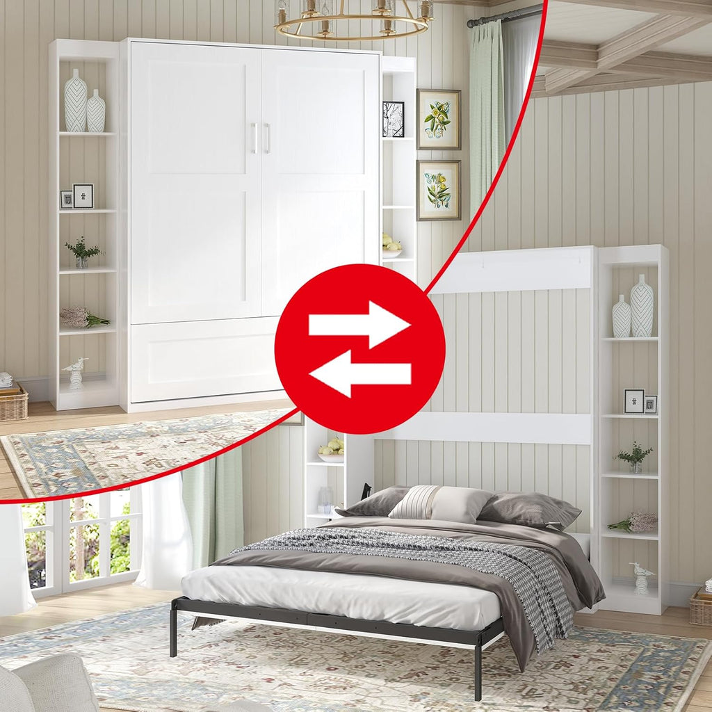 White Murphy Bed with Wardrobe, 2 Side Cabinet P665