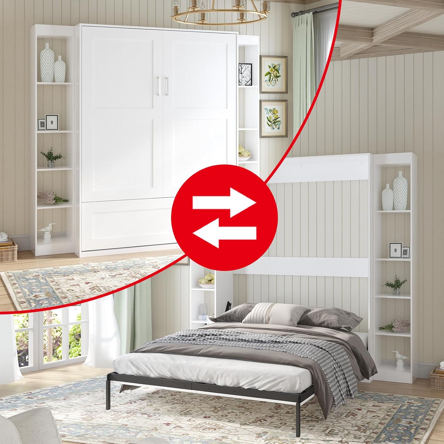 White Murphy Bed with Wardrobe, 2 Side Cabinet P665