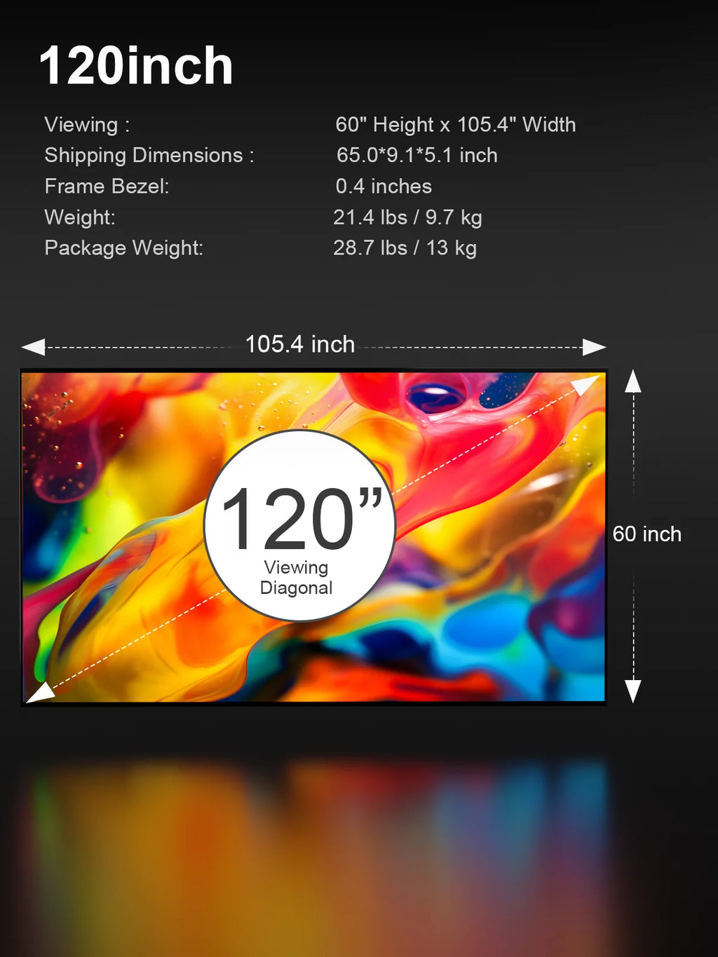 120” 16:9 Fixed Frame Projector Screen, 1.3 dB Peak Gain, Matte White U4661