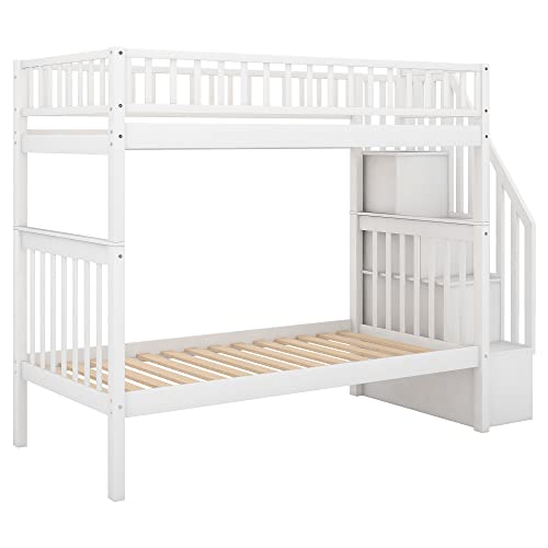 White Solid Wood Twin-Over-Twin Bunk Bed with Trundle A82800