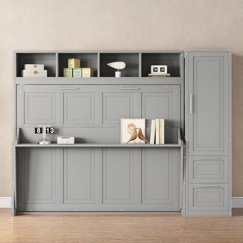 Gray Queen Size Murphy Bed with Desk Wardrobe Storage Shelf J158