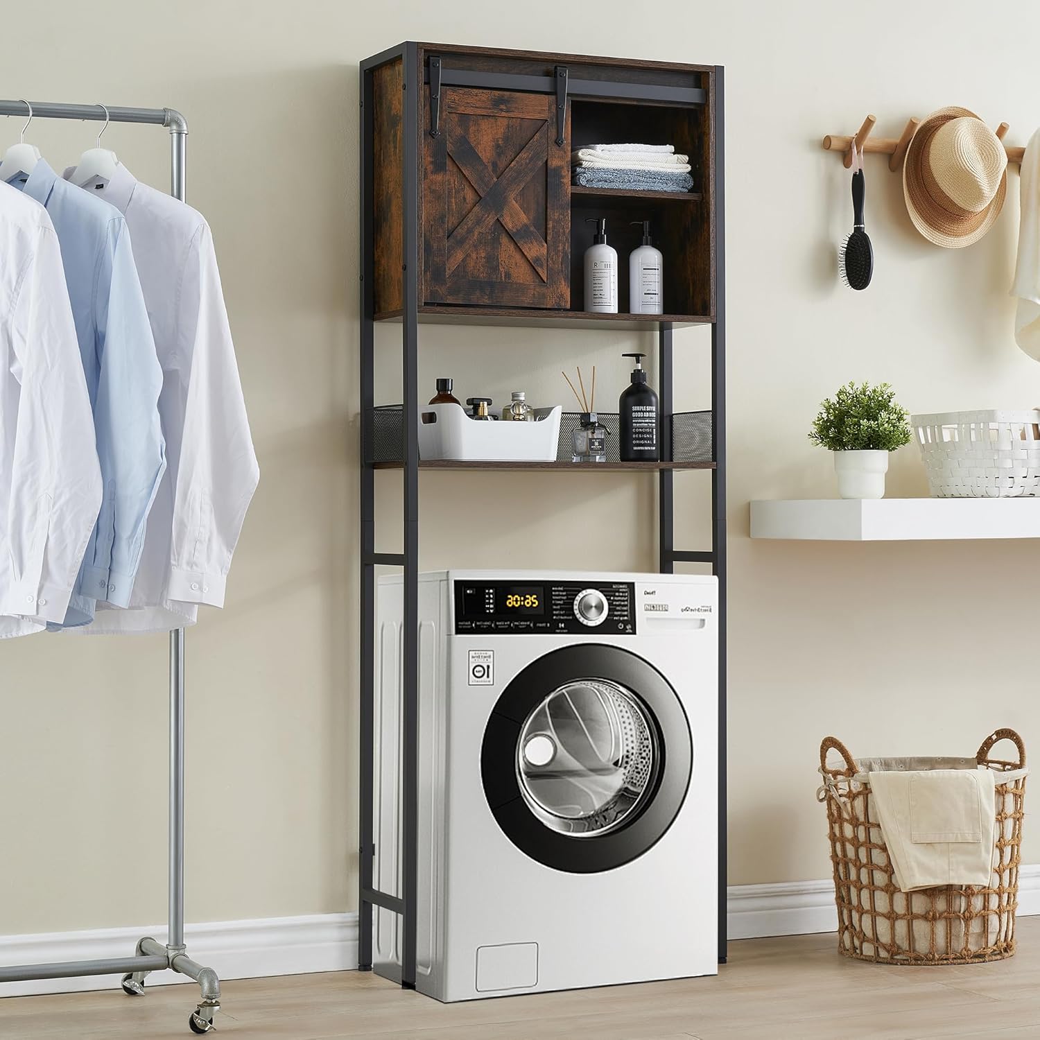 Rustic Brown Over The Toilet Storage Cabinet with Sliding Door and Adjustable Shelf U90337
