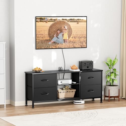 Black Wood Veins TV Stand with 4 Fabric Drawers L6681