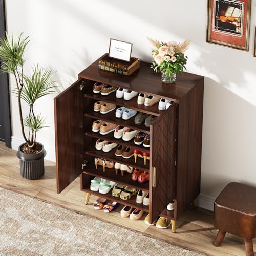 Walnut 6-Tier Shoe Cabinet with Doors P28775