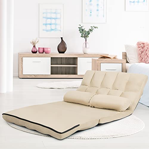 Blue Floor Sofa with 2 Pillows, Foldable 6-Position Adjustable Metal Frame Suede Fabric M76503