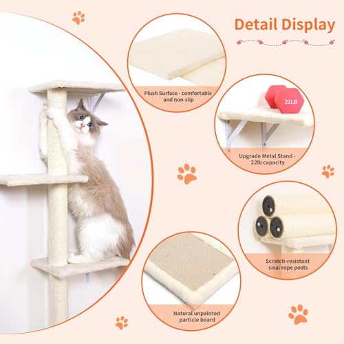 5pcs Wooden Cat Wall Shelves with House, Bridge, Tree, Steps, and Scratcher (Black) K987