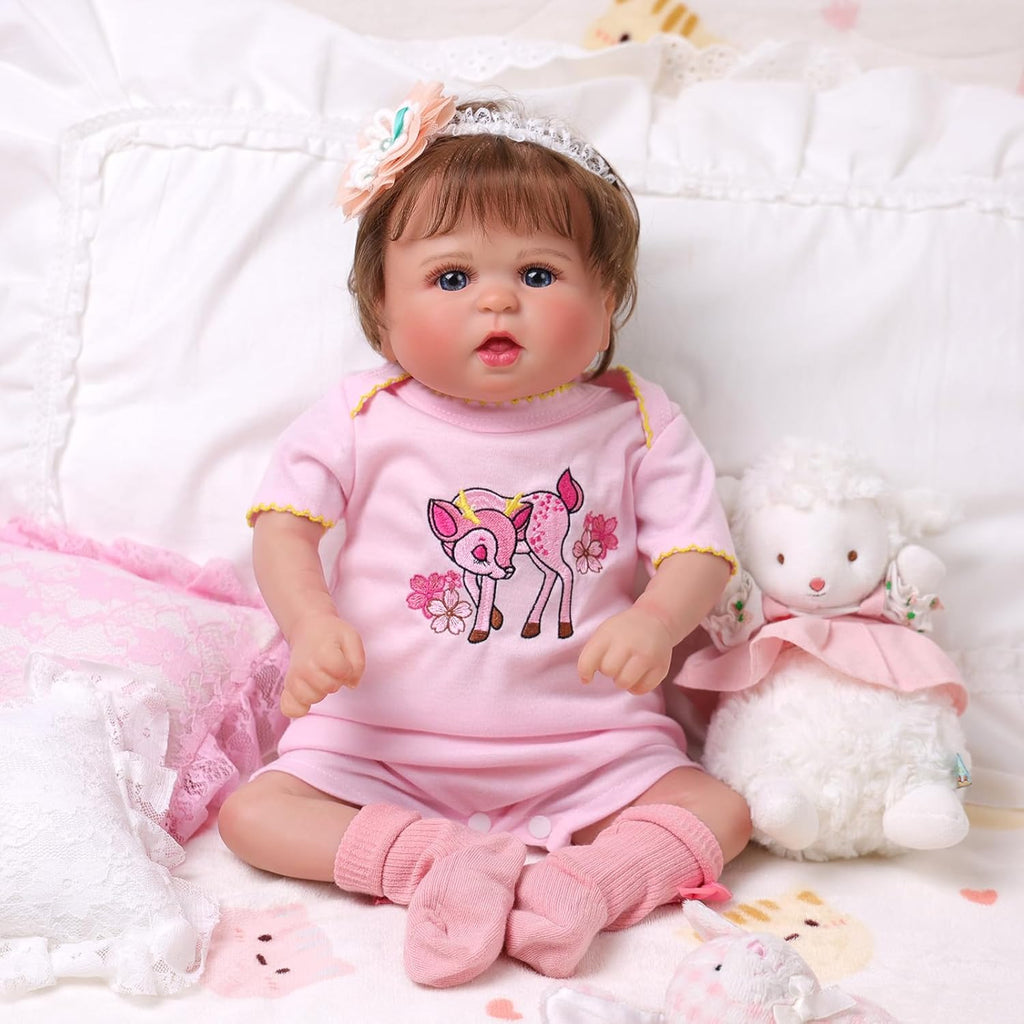 20 Inch Cloth Body Hand-Rooted Brown Hair Blue Eyes Poseable Reborn Baby Doll O4531