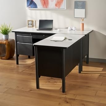 Gray Top Black Steel Frame L Shaped Desk with Center Drawer R777363