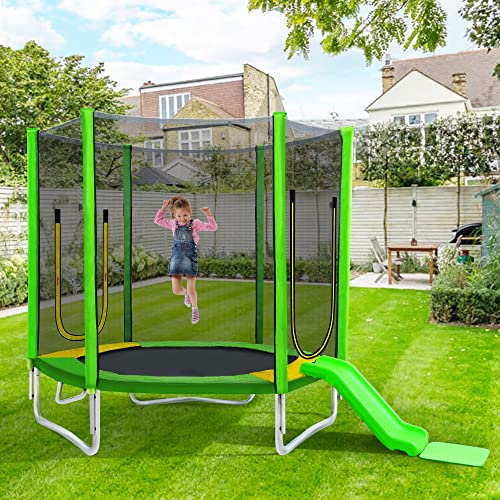 7FT Kids Trampoline with Safety Enclosure Net, Slide and Ladder K79526