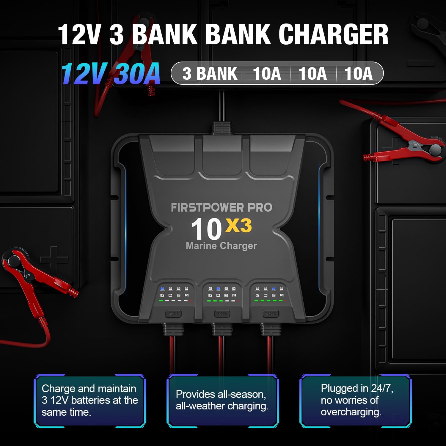 30A 12V Waterproof Onboard Battery Charger for SLA/AGM, Lithium, Calcium & Deep-Cycle Battery U33984
