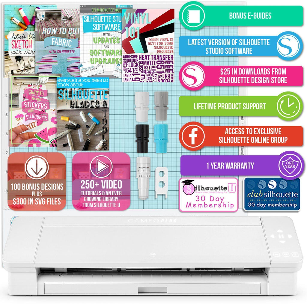 White Cameo 4 Plus 15x22 with Blade Pack, 38 Sheets Vinyl, HTV, Pens D4239