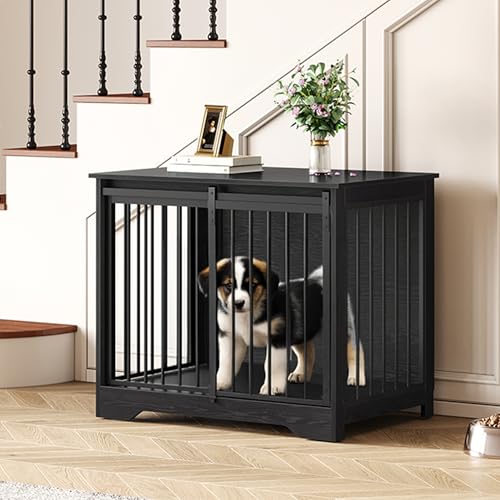 Rustic Brown Wooden Dog Crate Furniture with Barn Door C57333