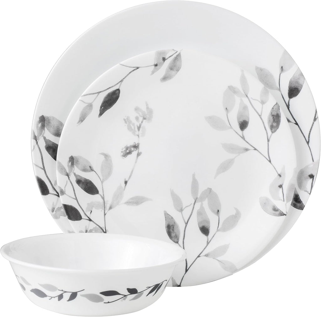 12-Piece Vitrelle Misty Leaves Chip and Break Resistant Dinner Set, Grey X54774