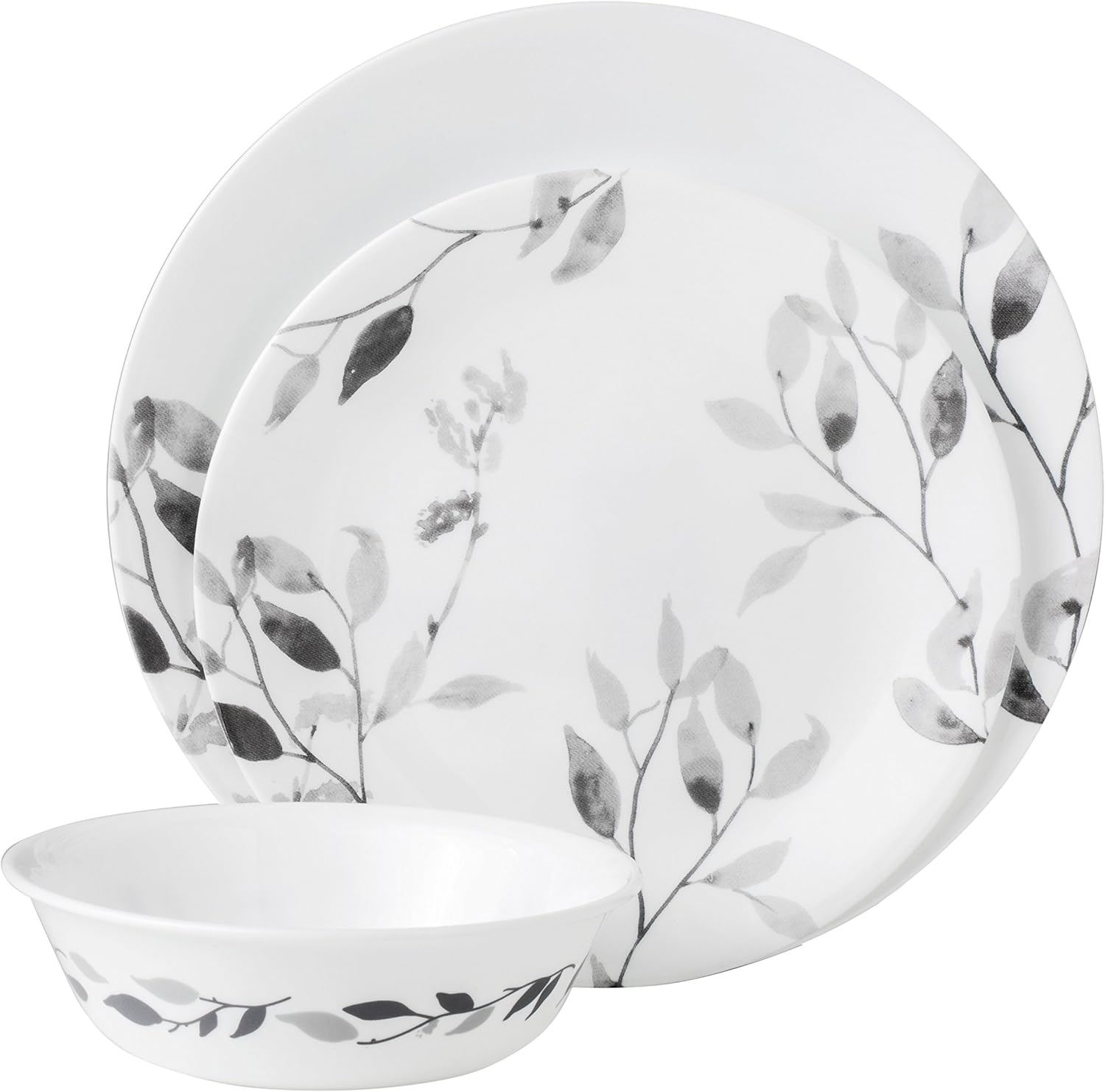 12-Piece Vitrelle Misty Leaves Chip and Break Resistant Dinner Set, Grey X54774