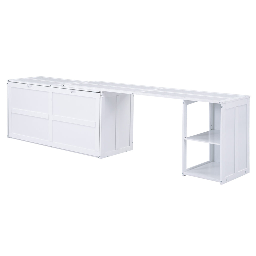 White Queen Size Solid Pine Wood Murphy Bed with Desk and Storage Shelves A102456