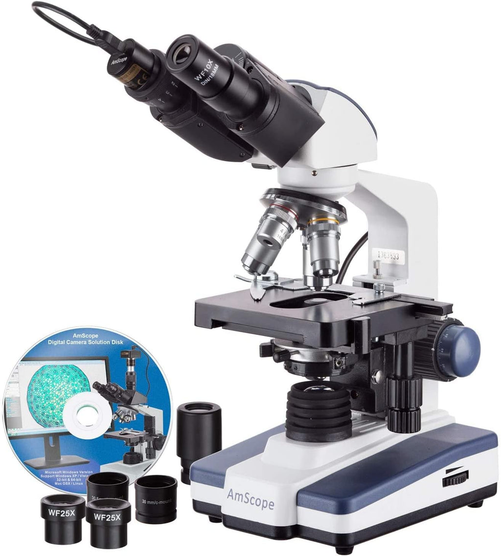 Binocular Compound Microscope, 40X-2500X Magnification, LED Illumination, Abbe Condenser, Two-Layer Mechanical Stage, 1.3MP Camera E9487