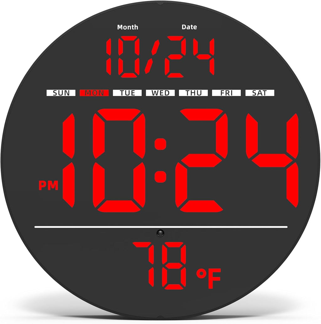 Digital Wall Clock with Large LED Display, Auto-Brightness, Temperature, Small Silent Non-Ticking Electric Wall Clock Y142