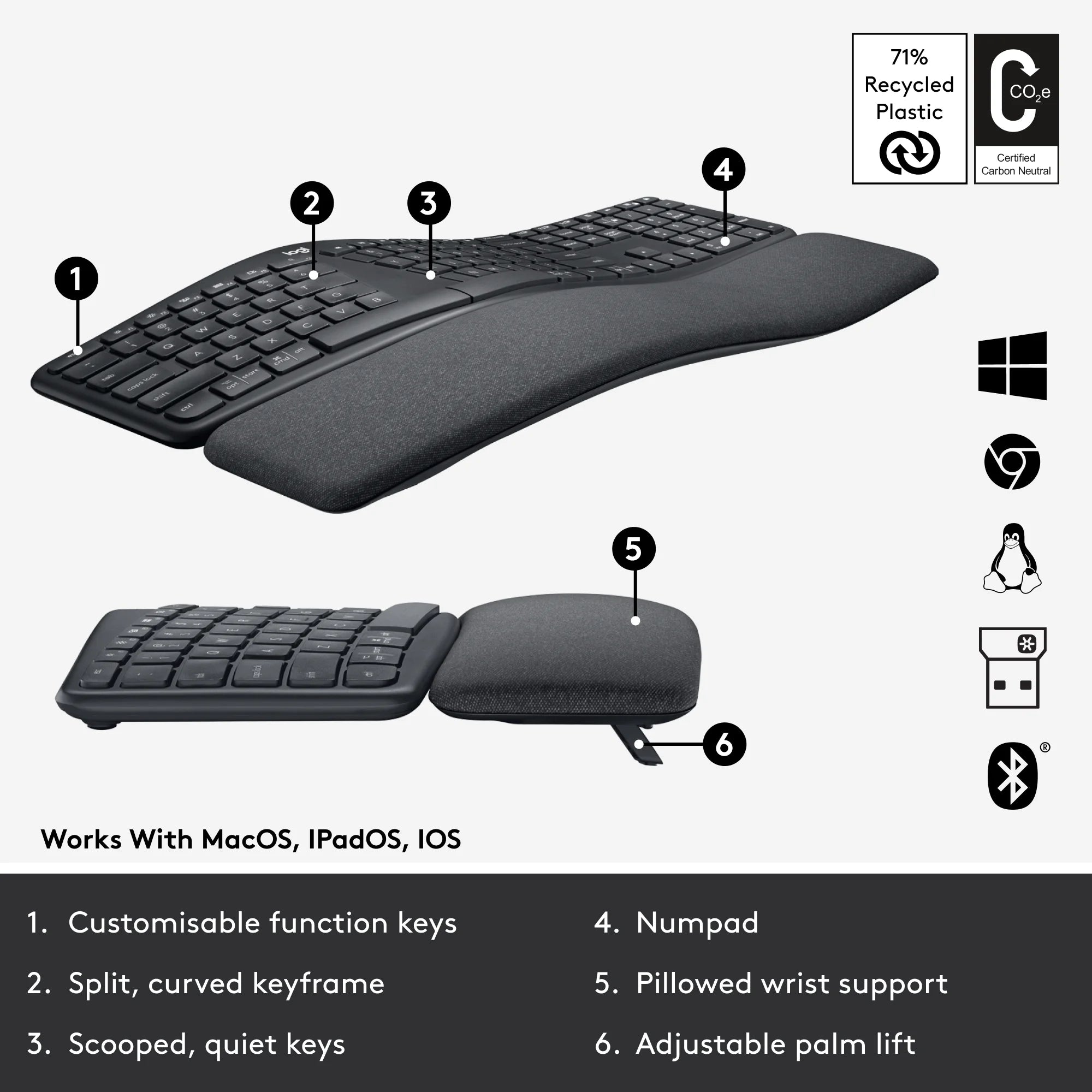 Graphite Ergonomic Split Keyboard with Wrist Rest F125996